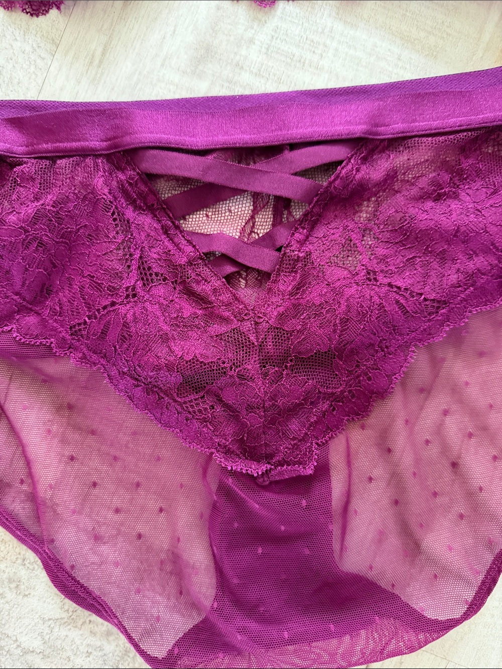 Sheer Lace Underwire Bralette & Brief Set - Deep Berry SET! - Picture 4 of 7